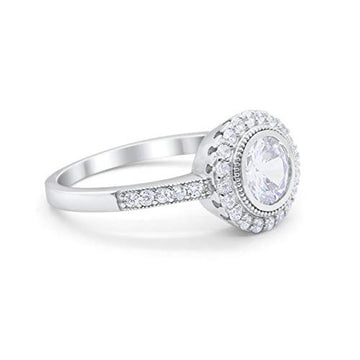Art Deco Wedding Engagement Ring Round Bezel Simulated Cubic Zirconia 925 Sterling Silver